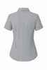 A short-sleeve button-up shirt in a black and white checkered pattern with a fitted silhouette and collar.