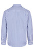 A long sleeve men's button-up shirt in blue and white check pattern, featuring a collar and brand logo.