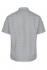 Short-sleeve button-up shirt in a grey and white checkered pattern with a collar and a branding logo.