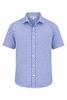 A short-sleeve button-up shirt in a blue and white checkered pattern with a collar and branded logo.