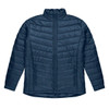 A navy blue puffer jacket featuring a high neck, zip front, and side pockets, with branding on the chest.