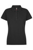 A black polo shirt for women with a collared neckline and three buttons, featuring a logo on the inside.
