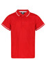 A red polo shirt with white trim and a collar, featuring a logo on the tag.