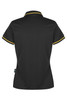 A black polo shirt with yellow trim, featuring a collar and short sleeves. Includes a branding logo.