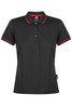 A black polo shirt with red trim, featuring a collar and button closure, along with a logo on the design.