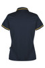 A dark navy polo shirt with yellow trim, featuring a collar and short sleeves. It includes a logo branding.