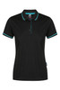 A black polo shirt with turquoise accents and a collar, featuring a logo.