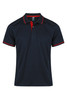 A navy polo shirt with red accents and a collar, featuring a logo on the chest.