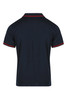 A navy polo shirt with red accents, featuring a collar and short sleeves. The shirt has a logo on it.