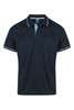 A navy blue polo shirt with light blue accents and a logo on the chest. Short sleeves and a classic collar design.