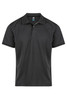 A black polo shirt featuring a collar, short sleeves, and a logo on the neckline.