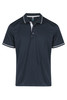 A dark navy polo shirt with white accents, featuring a collar and a logo on the upper part.