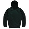 A dark green hoodie with a front pocket and a hood, featuring a logo on the upper left side.