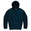 A dark navy hooded jumper featuring a front pocket and a drawstring. It has a logo on the interior.