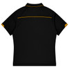 A black polo shirt featuring a yellow accent at the collar and sleeves, with a logo on the back.