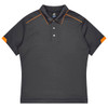 A short-sleeved polo shirt in dark grey with orange accents and a collar, featuring a logo on the chest.