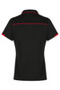A black polo shirt with red accents, featuring a collar and short sleeves. The shirt has a logo on it.