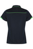 A navy polo shirt featuring green accents and a logo on the back. Suitable for casual or active wear.