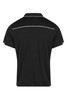 A black polo shirt with white piping, featuring a classic collar and short sleeves. It has a logo on the back.