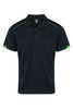A navy polo shirt with green accents and a logo on the chest. Short sleeves and a classic collar design.