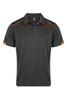 A dark grey polo shirt with orange accents and a logo on the chest. Features a classic collar and short sleeves.