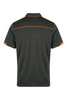 A dark green polo shirt with orange accents, featuring a collar and short sleeves. It has a branding logo.