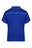 A blue polo shirt featuring a white trim, with a collar and short sleeves. The back view displays a simple design.