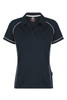 A navy polo shirt with white piping and a collar, featuring a logo on the upper side.