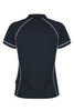 A navy polo shirt with white contrast stitching and a branded label on the side.