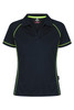 A navy polo shirt featuring lime green accents and a branding logo. Short sleeves and a classic collar design.