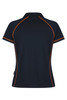 A navy polo shirt with orange piping, featuring a branding logo.
