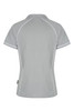 A grey polo shirt with white detailing and a logo on the side, featuring a classic collared design.