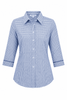 A blue and white checked button-up shirt with 3/4 sleeves and a collar, featuring branding.