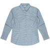 A long sleeve button-up shirt in a blue and white check pattern, featuring a collar and one chest pocket.