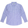 A long sleeve button-up shirt featuring a blue and white gingham pattern and a collar. It includes a branded tag.