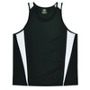 A black singlet featuring white panels on the sides, with a logo on the label.