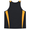 A black singlet with yellow accents on the sides and a logo on the back.