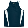 A dark navy singlet featuring white side panels and a branding logo at the neckline.