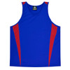 A blue singlet with red accents, featuring a logo at the neckline. Suitable for casual wear.
