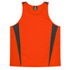 An orange singlet with grey accents, featuring a logo on the neckline. Suitable for kids.