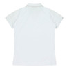 A white polo shirt featuring short sleeves and a simplistic design with a branding logo on the back.