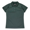 A dark green polo shirt with a collar and short sleeves, featuring a logo on the front.