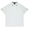 A white polo shirt featuring a classic collar and contrasting black stripes on the sleeves, with a logo on the chest.