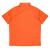 An orange polo shirt, featuring a classic design with a collar and short sleeves, has a branding logo.