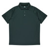 A dark green men's polo shirt with a collar and three buttons, featuring a logo on the chest.