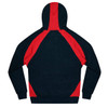 A hoodie featuring a black body with red accent panels on the sleeves and back, and a drawstring hood.