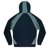 A hoodie featuring a colour block design in dark blue and grey, with a hood and long sleeves. It has a logo.