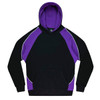 A black hoodie featuring purple accents and a kangaroo pocket. It has a hood and includes a logo.