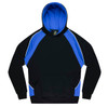A black hoodie with blue accents, featuring a front pocket and a drawstring hood. It has a logo on the chest area.