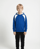 A blue hoodie with white accents, featuring a kangaroo pocket, worn by a child standing against a plain background.